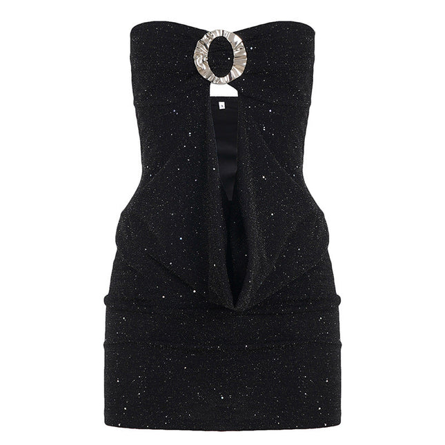 Women Clothing Thin Glittering round Buckle Bow Swing Collar Hollow Out Cutout out Tube Top Dress Party Sexy Hip Dress