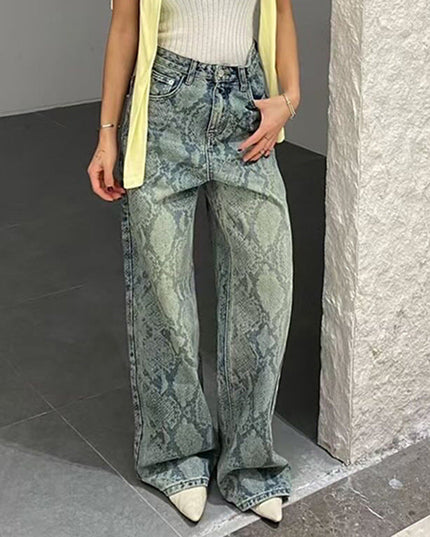 Women's American Style Spliced Snake Pattern Straight Leg Jeans