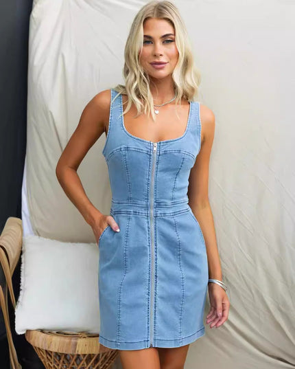 Spring Summer Casual Slim Denim Sleeveless Dress Women Clothing