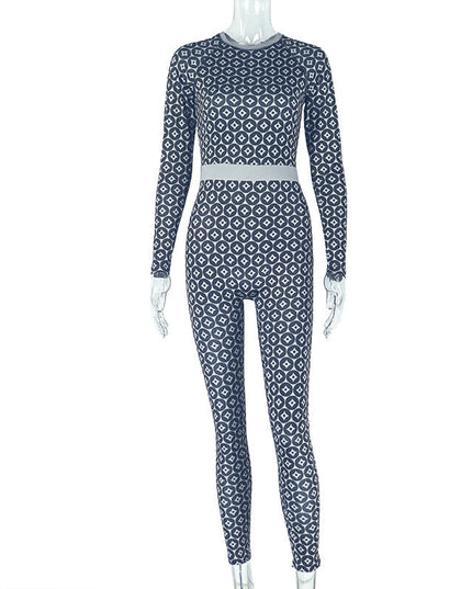 Casual Home Women Slim Fit Elastic Waist Tightening Jumpsuit Print round Neck Long Sleeve Jumpsuit