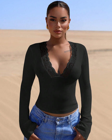 V neck Stitching Lace Sexy Long Sleeve Slim Fit Top