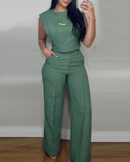 Summer Sleeveless Suit Fashion Round Neck Vest Top And Pocket Straight Pants Casual Trousers Set For Women Clothing