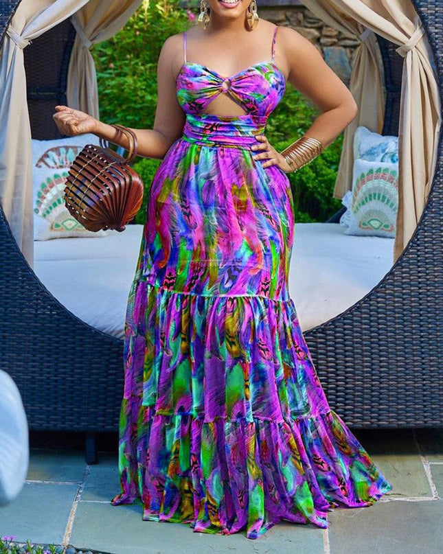 Summer Women Clothing Sexy Strap Dress Printed Sleeveless Backless Maxi Dress