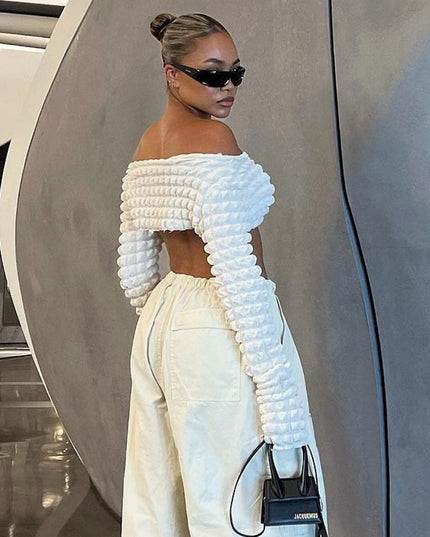 Hollow Out Cutout Bubble Cropped Long Sleeve off-Shoulder Top Sexy T shirt