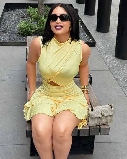 Solid Color Women Pleated Waist Tight A line Dress round Neck Cut out Ruffled Short Dress