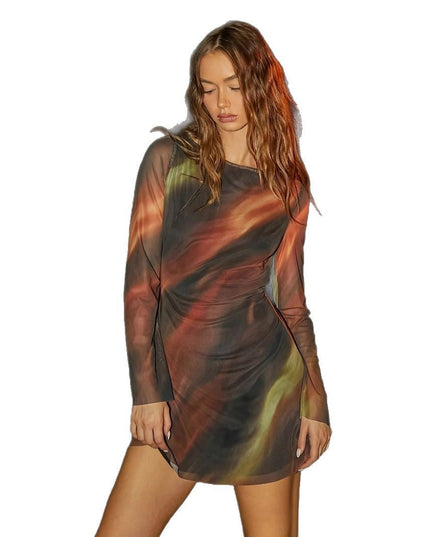 Women's Summer Waist Trimming Printing Silk Net Short Backless Dress