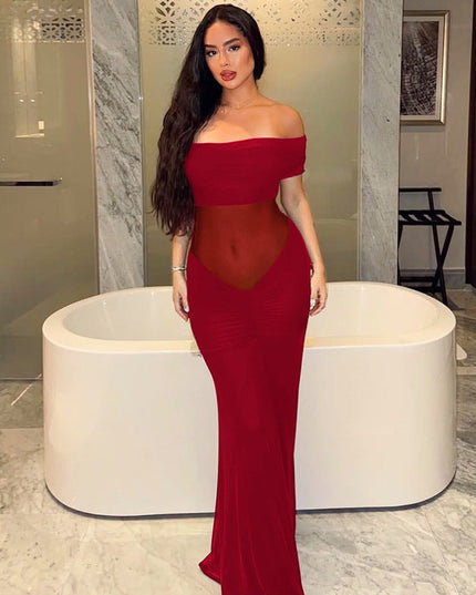 Mesh Stitching Maxi Dress Summer Sexy off Shoulder Pleated Slim Dress
