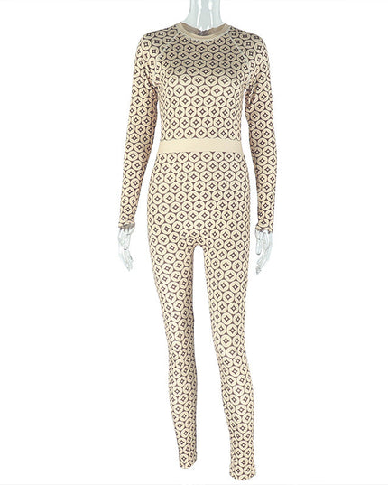 Casual Home Women Slim Fit Elastic Waist Tightening Jumpsuit Print round Neck Long Sleeve Jumpsuit