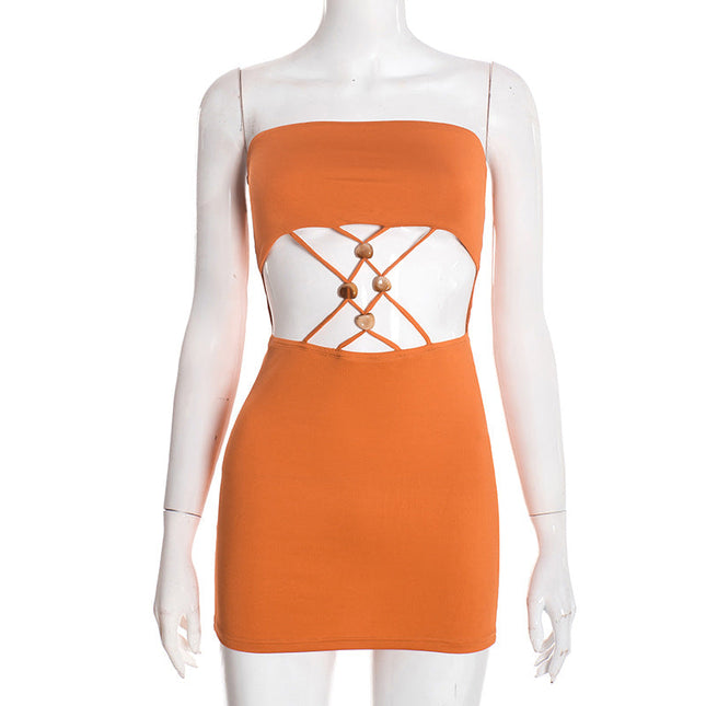 Women Clothing Spring Sexy Package Hip Hollow Out Cutout out Strap Tube Top Short Sleeveless Dress