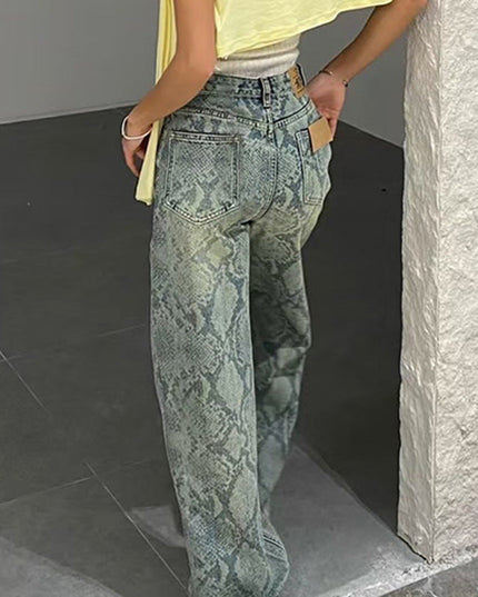 Women's American Style Spliced Snake Pattern Straight Leg Jeans