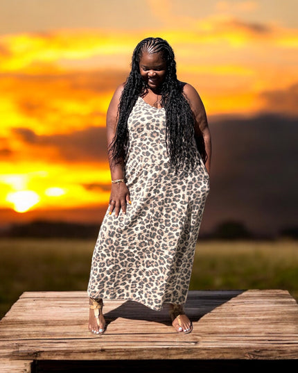 Women's Plus Size Leopard Print Adjustable Strap Maxi Dress