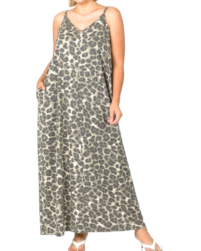 Women's Plus Size Leopard Print Adjustable Strap Maxi Dress