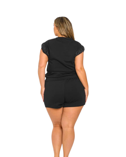Women's Juniors Plus Black Bling Love Short Set