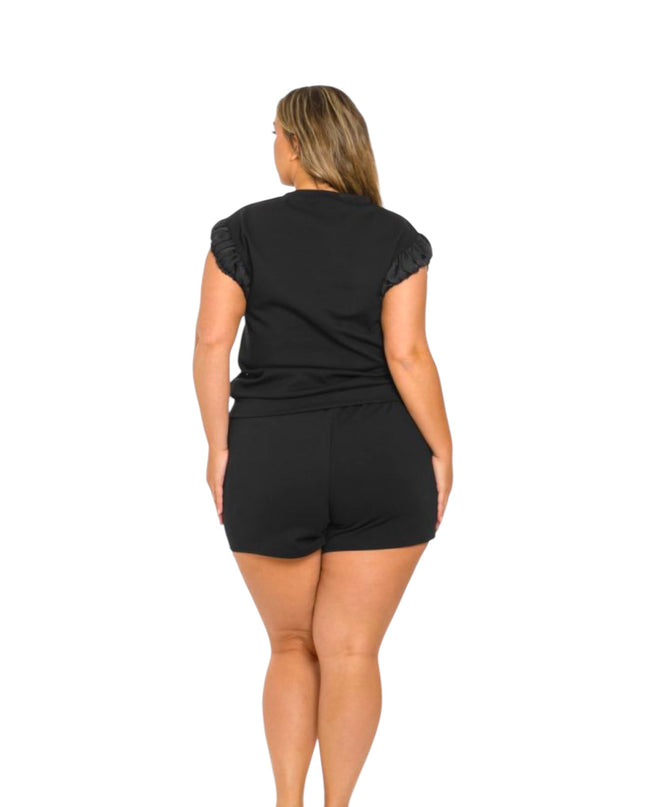 Women's Juniors Plus Black Bling Love Short Set