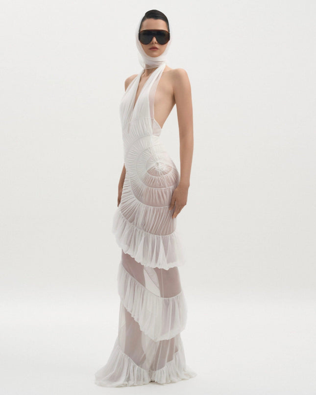 Plot Twist White Sheer Halter Maxi Dress With Built-In Bodysuit