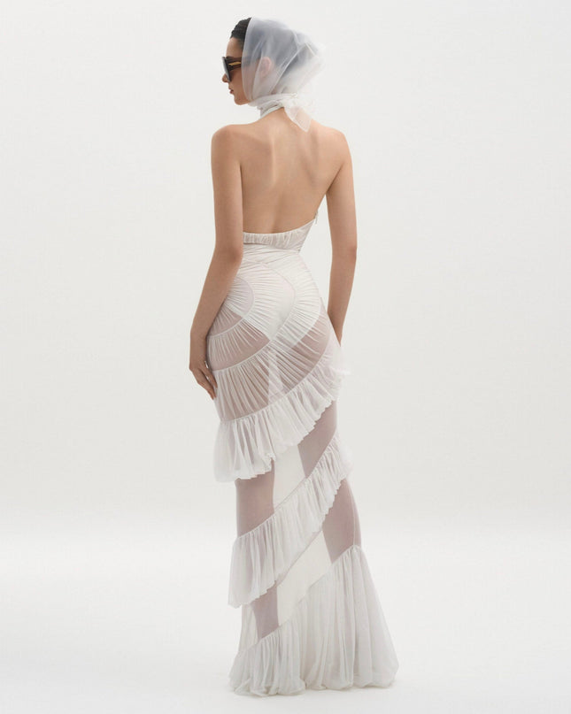 Plot Twist White Sheer Halter Maxi Dress With Built-In Bodysuit