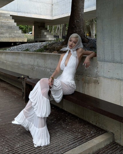 Plot Twist White Sheer Halter Maxi Dress With Built-In Bodysuit