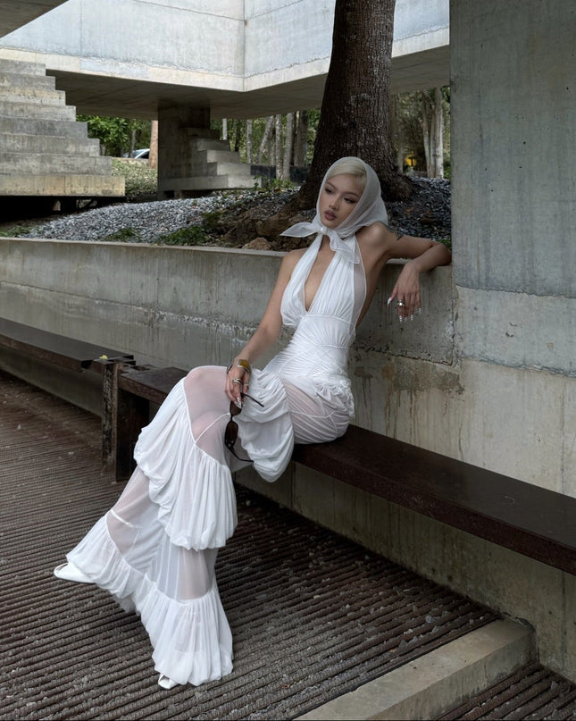 Plot Twist White Sheer Halter Maxi Dress With Built-In Bodysuit