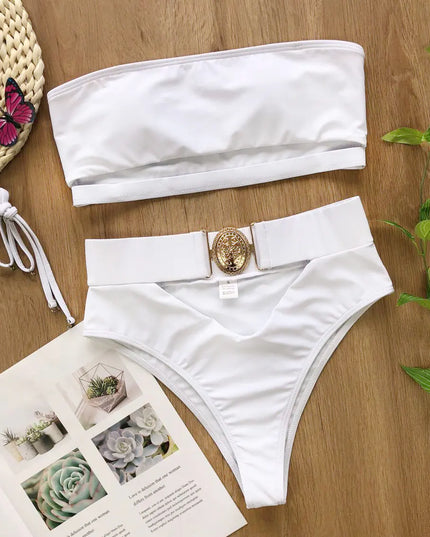 Chic Metal Buckle Strapless Bikini Swimsuit for Women