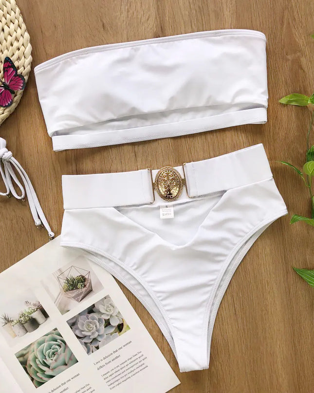 Chic Metal Buckle Strapless Bikini Swimsuit for Women