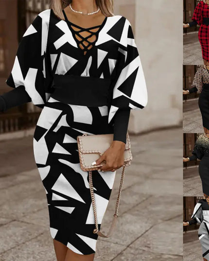Elegant Women's V-Neck Long Sleeve Pencil Dress