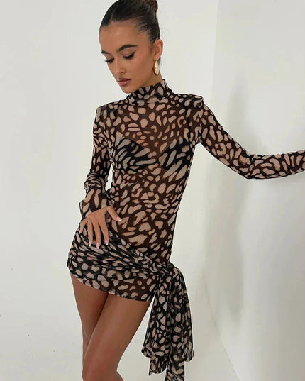 Fantoye Turtleneck Sexy Sheer Print Leopard Bandage Women Dress Long Sleeve Mini Dress Lady Spring Slim Elegant Party Club Dress