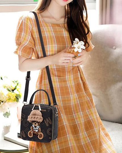 PU Leather Shoulder Bags | Fashion Simple Cute Cartoon Bear Crossbody Bag & Messenger Bag (Women's Small Square Handbags)