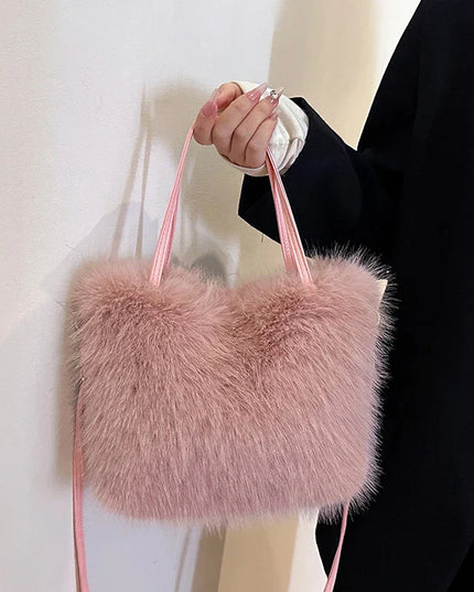 Pink Faux Fur Tote Bag Women's Shoulder Bag, Winter Plush Handbag Trendy Stylish