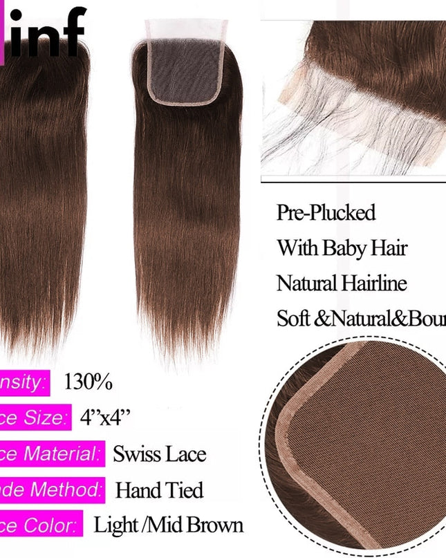 Chocolate Brown Bone Straight Human Hair Bundles with 4x4 Lace Closure Frontal Remy Brazilian Hair Weave Bundles with Closure