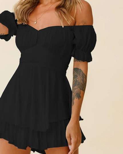 Women s Boho Off Shoulder Romper Double Layer Ruffle Hem Lantern Long Sleeve Waist Tie Back Chiffon Short Jumpsuits