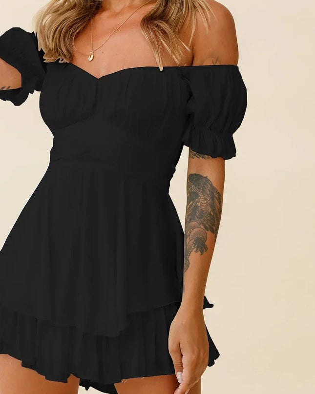 Women s Boho Off Shoulder Romper Double Layer Ruffle Hem Lantern Long Sleeve Waist Tie Back Chiffon Short Jumpsuits