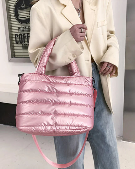 Pink Puffer Tote Bag - Woman Holding Quilted Handbag, Puffy Shoulder Bag, Lightweight Crossbody Purse