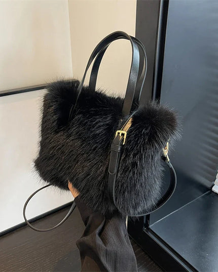 Faux Fur Tote Bag Women's | Bucket Plush Luxury Design Ladies Handbags & Soft Winter Crossbody Shoulder Bags (Bolsa Feminina)
