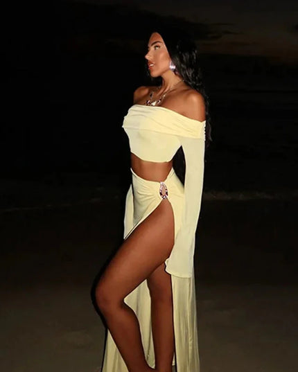 Women's Solid Beach Skirt Sets Sexy High Split Slim Bohemian Outfits Off The Shoulder Holiday Fashion 2 Piece Set 2025 Beachwear