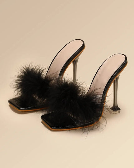 Women Rabbit White Fur Clear PVC Slippers Square Toe Stilettos Slides Transparent Crystal High Heels Sandals Mules Glass Heels