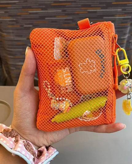 Orange mesh makeup bag coin purse mini bag with duck and banana charms