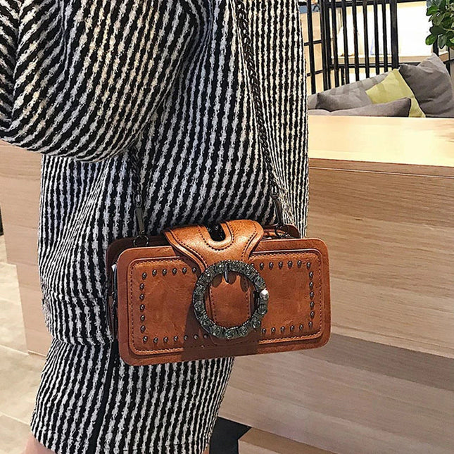 Vintage punk shoulder bag with rhinestone buckle and rivets | Women's crossbody purse