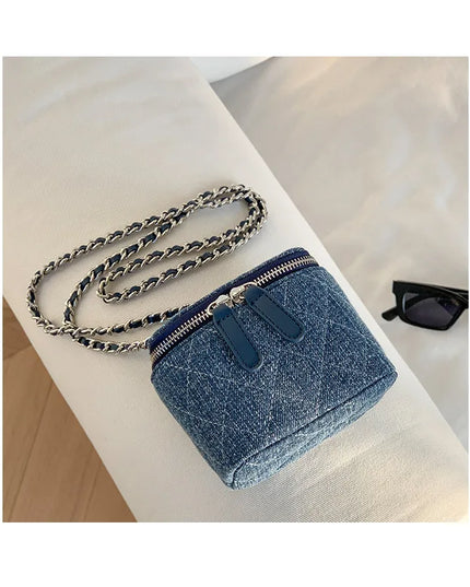 Mini denim crossbody bag with Lingge chains for women, fashion designer inspired shoulder purse