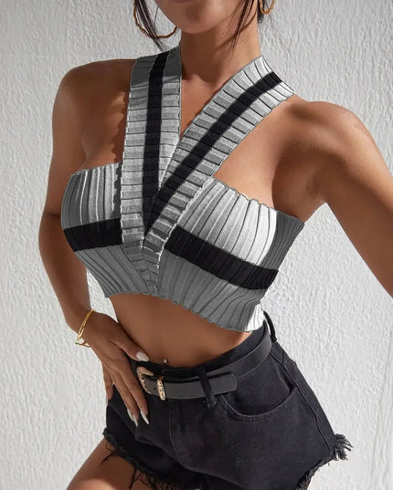 Summer New Women Sexy Casual Colorblock Crisscross Backless Halter Knit Crop Tops Femme Slim Stretch Sleeveless Y2k Tank Tee