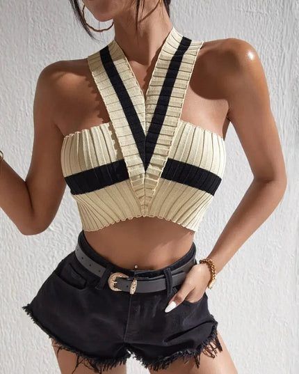 Summer New Women Sexy Casual Colorblock Crisscross Backless Halter Knit Crop Tops Femme Slim Stretch Sleeveless Y2k Tank Tee