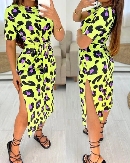 White Leopard Print Dress Tied Detail Slit Side Split Dress