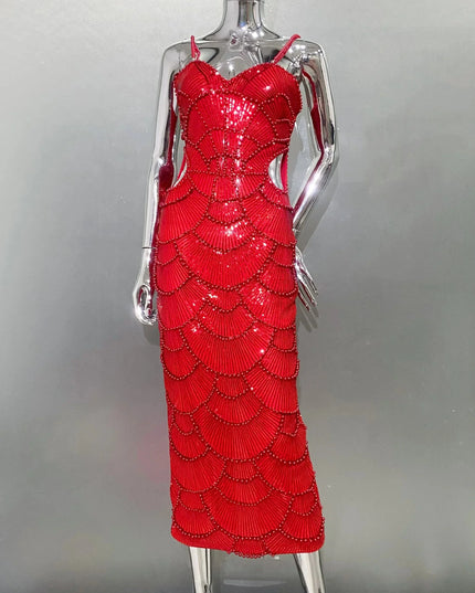 STOCK New Arrival Shining Sequins Beading Hollow Out Spaghetti Strap Long Dress Woman Birthday Party Dress Sweet Dateing Outfit