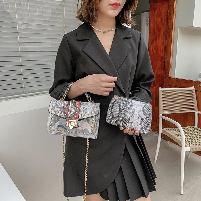 Brand Women's Studded Graffiti Crossbody Bags | Fashion Shoulder Bag for Ladies (Luxury Designer PVC Handbags & Messenger Satchel)