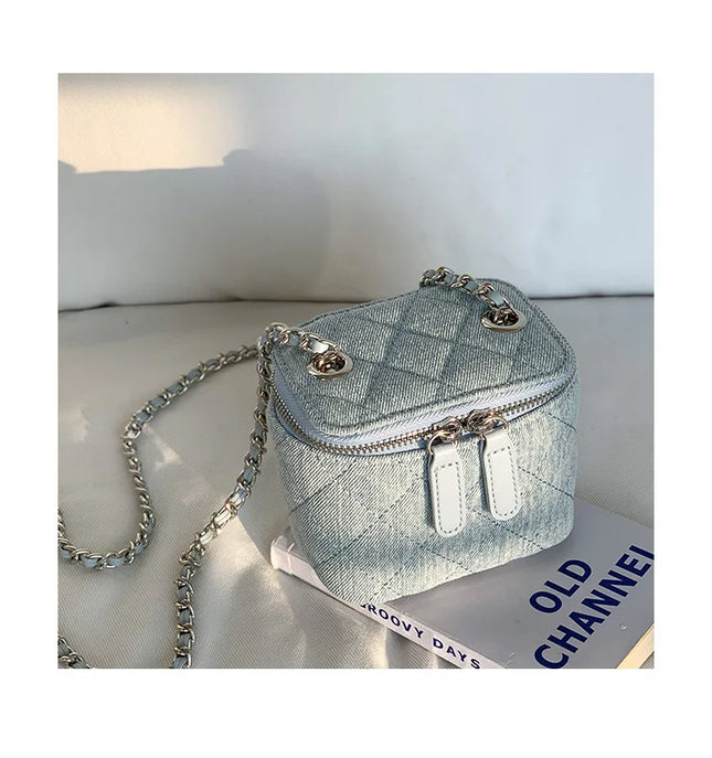 Mini denim crossbody bag for women with Lingge chain strap, stylish fashion box handbag