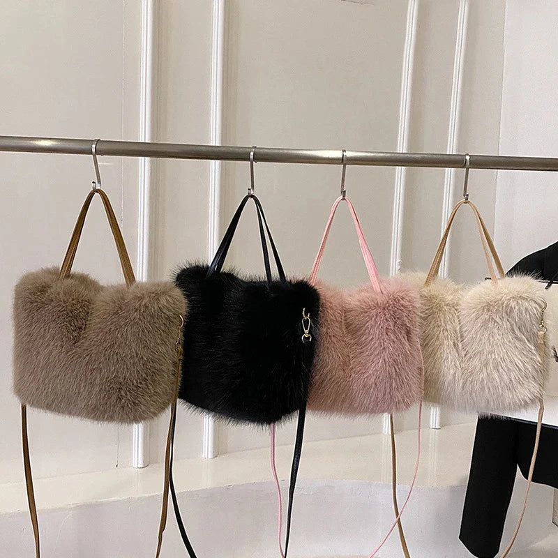 Faux Fur Tote Bag Women's | Bucket Plush Luxury Design Ladies Handbags & Soft Winter Crossbody Shoulder Bags (Bolsa Feminina)