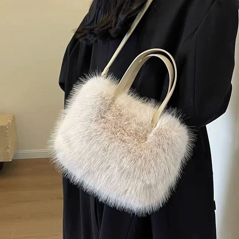 Faux Fur Tote Bag Women's | Bucket Plush Luxury Design Ladies Handbags & Soft Winter Crossbody Shoulder Bags (Bolsa Feminina)