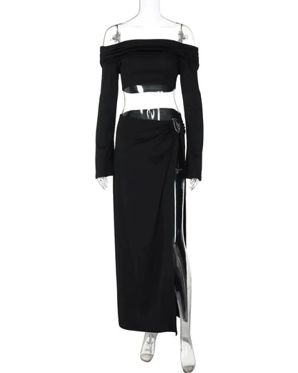 Women's Solid Beach Skirt Sets Sexy High Split Slim Bohemian Outfits Off The Shoulder Holiday Fashion 2 Piece Set 2025 Beachwear