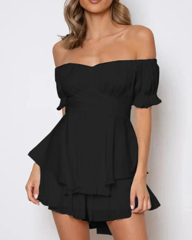 Women s Boho Off Shoulder Romper Double Layer Ruffle Hem Lantern Long Sleeve Waist Tie Back Chiffon Short Jumpsuits