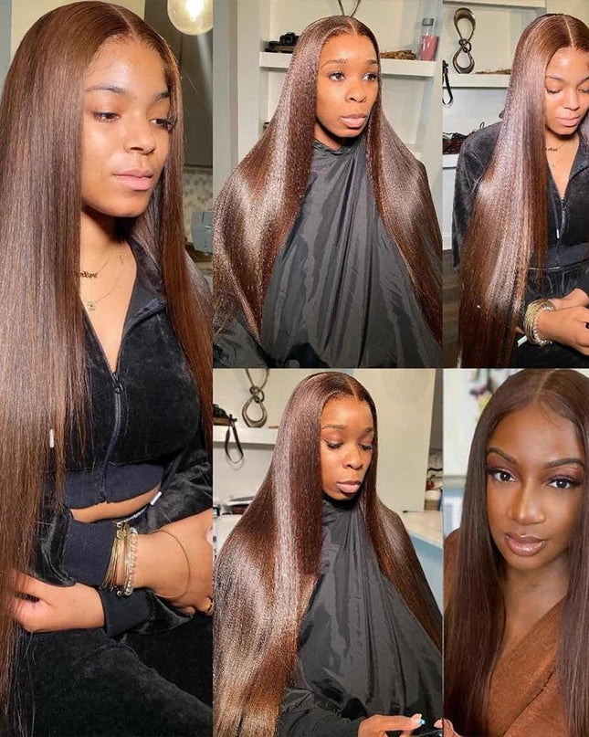 Chocolate Brown Bone Straight Human Hair Bundles with 4x4 Lace Closure Frontal Remy Brazilian Hair Weave Bundles with Closure