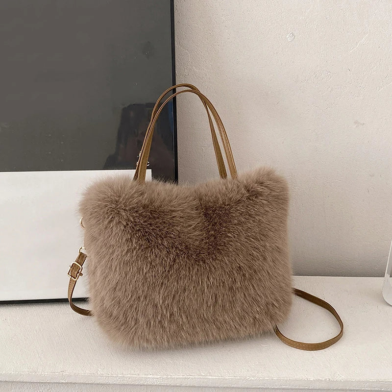 Faux Fur Tote Bag Women's | Bucket Plush Luxury Design Ladies Handbags & Soft Winter Crossbody Shoulder Bags (Bolsa Feminina)